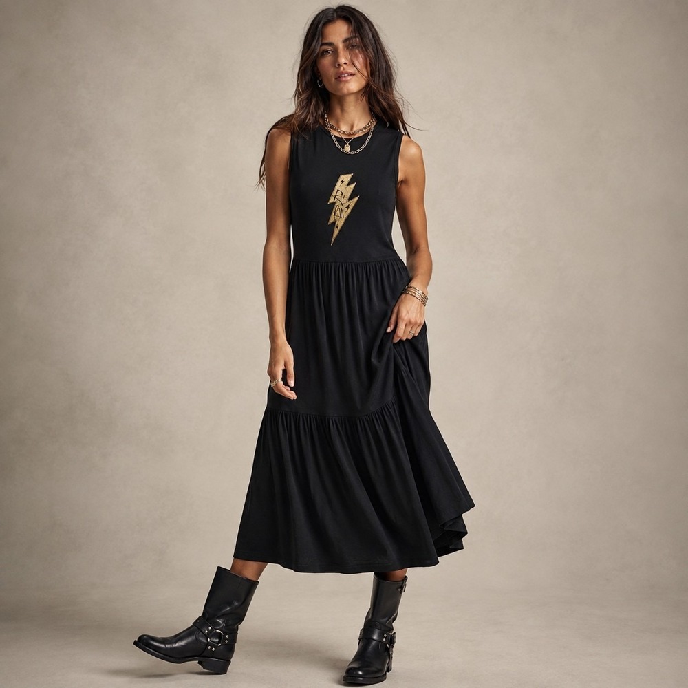 Saint + Sofia Greenwich Dress 8 Black Rock n Roll Tiered Midi Moto Grunge Goth